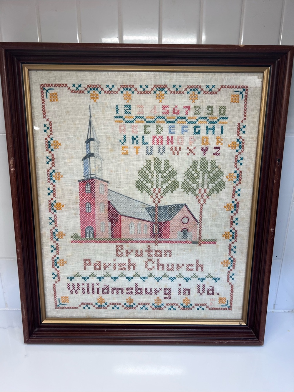 Vintage Williamsburg Framed Sampler Brutan Parish Church Professionally Framed